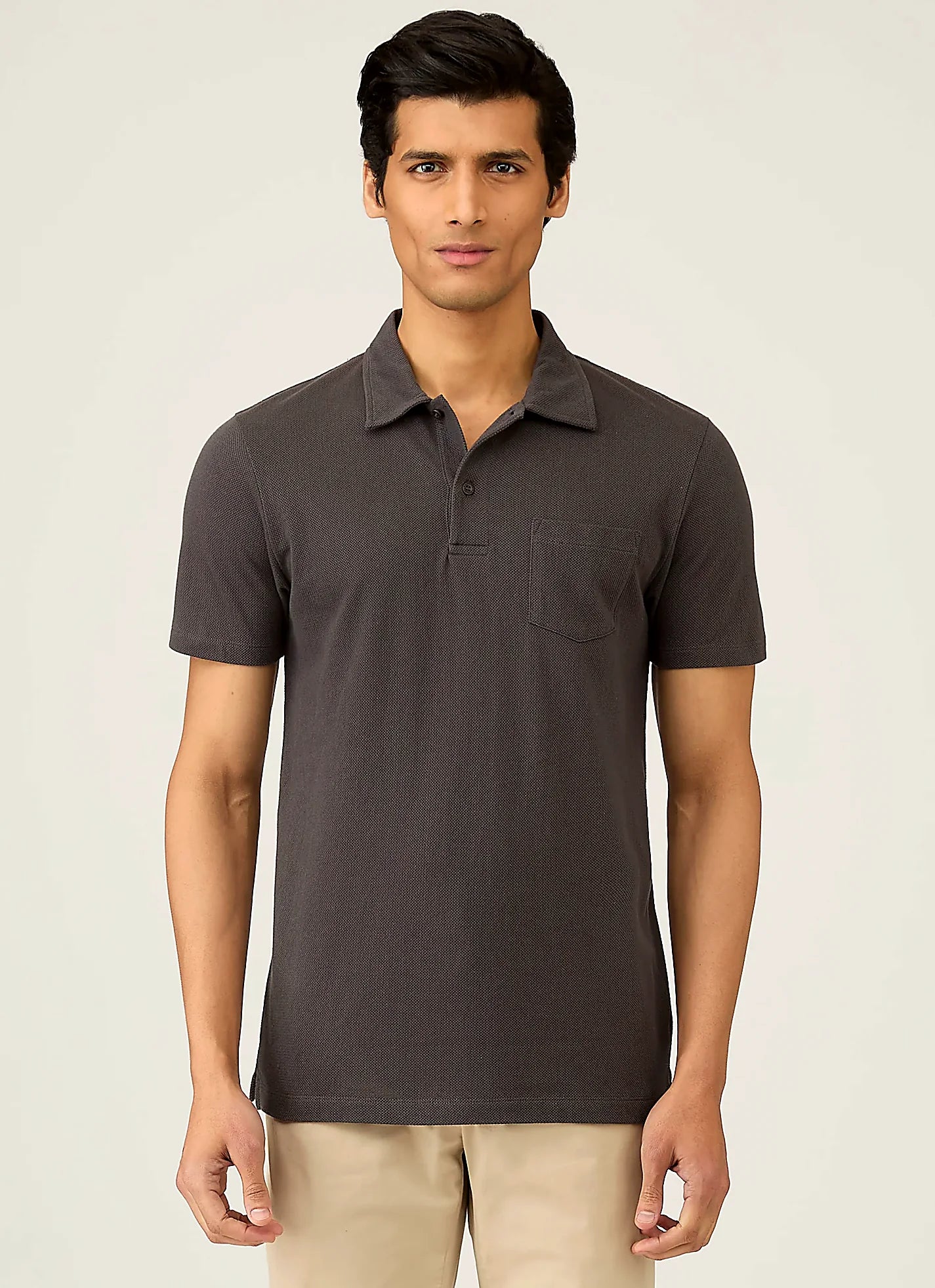 Charcoal mesh cotton polo shirt for men