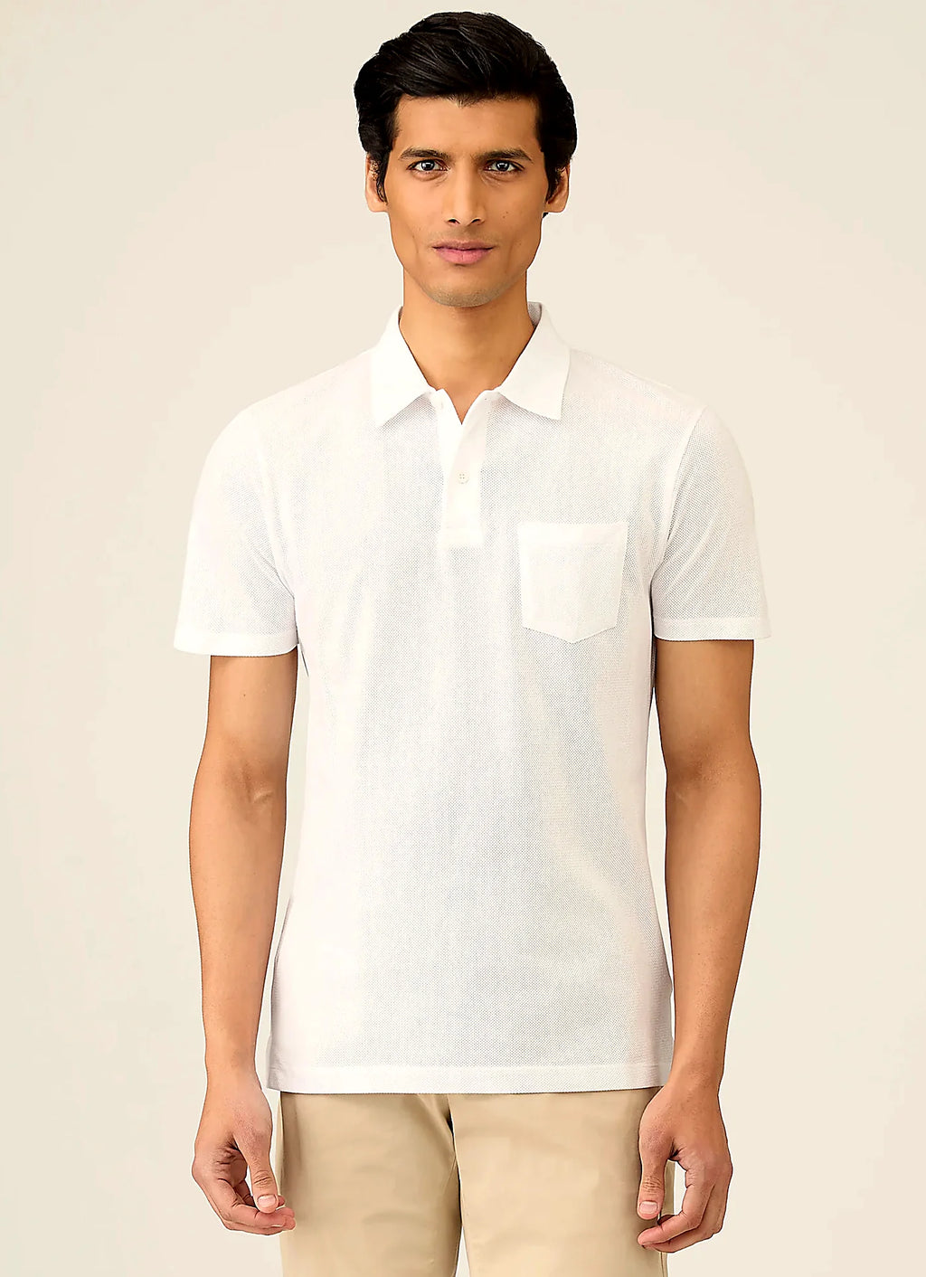 White mesh cotton polo shirt for men