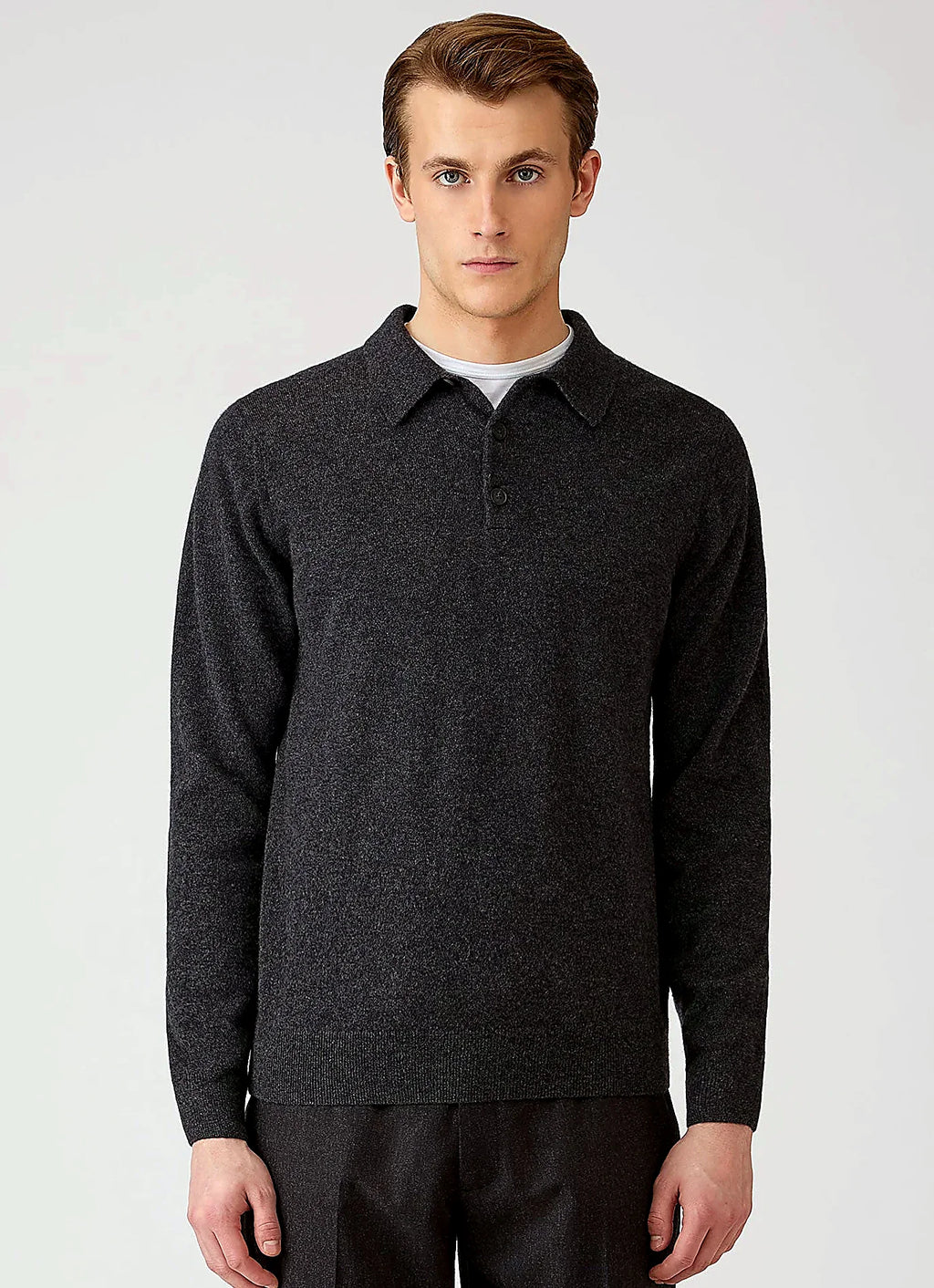 Charcoal cashmere knitted polo shirt for men