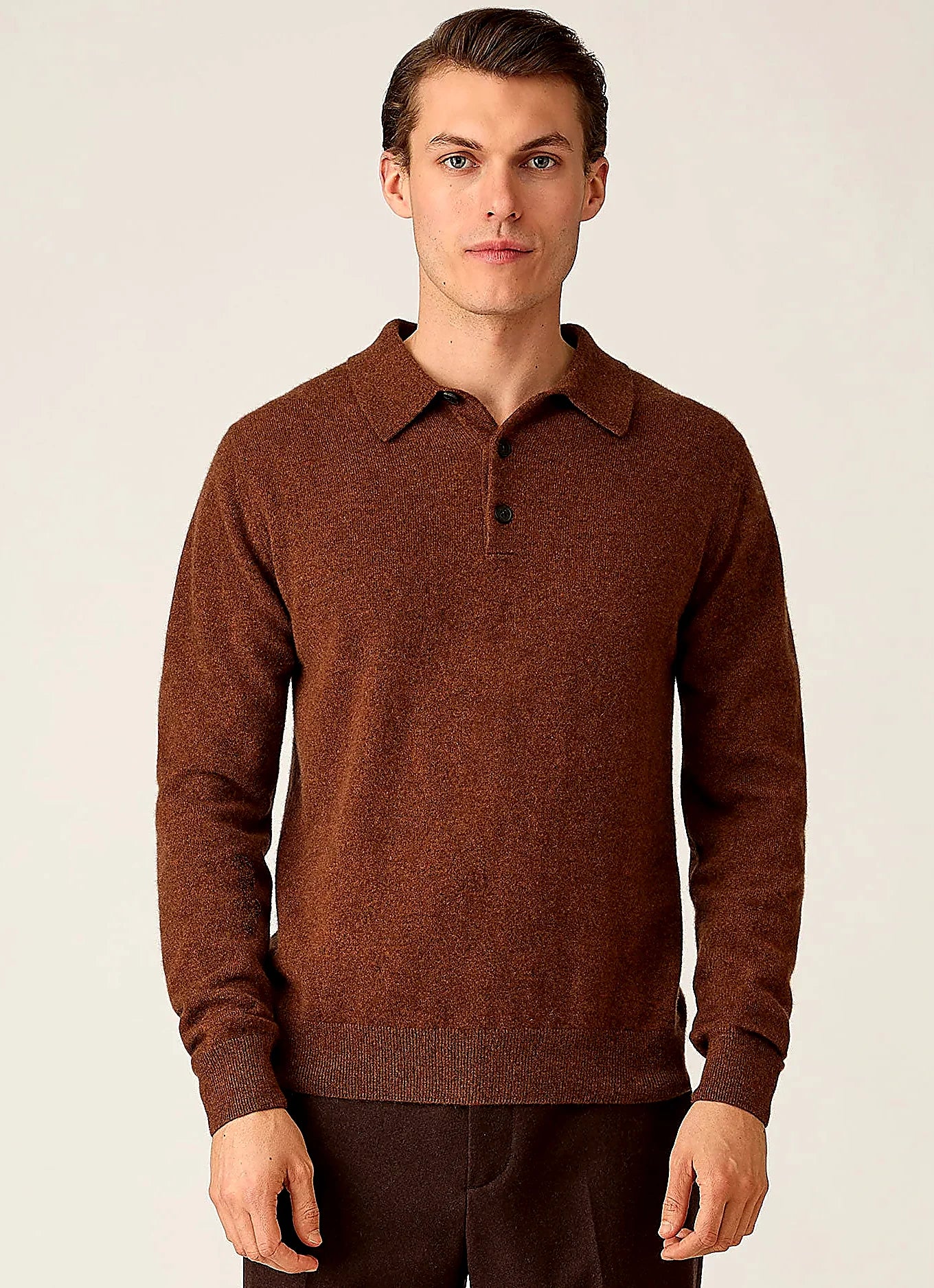 Chestnut cashmere knitted polo shirt for men