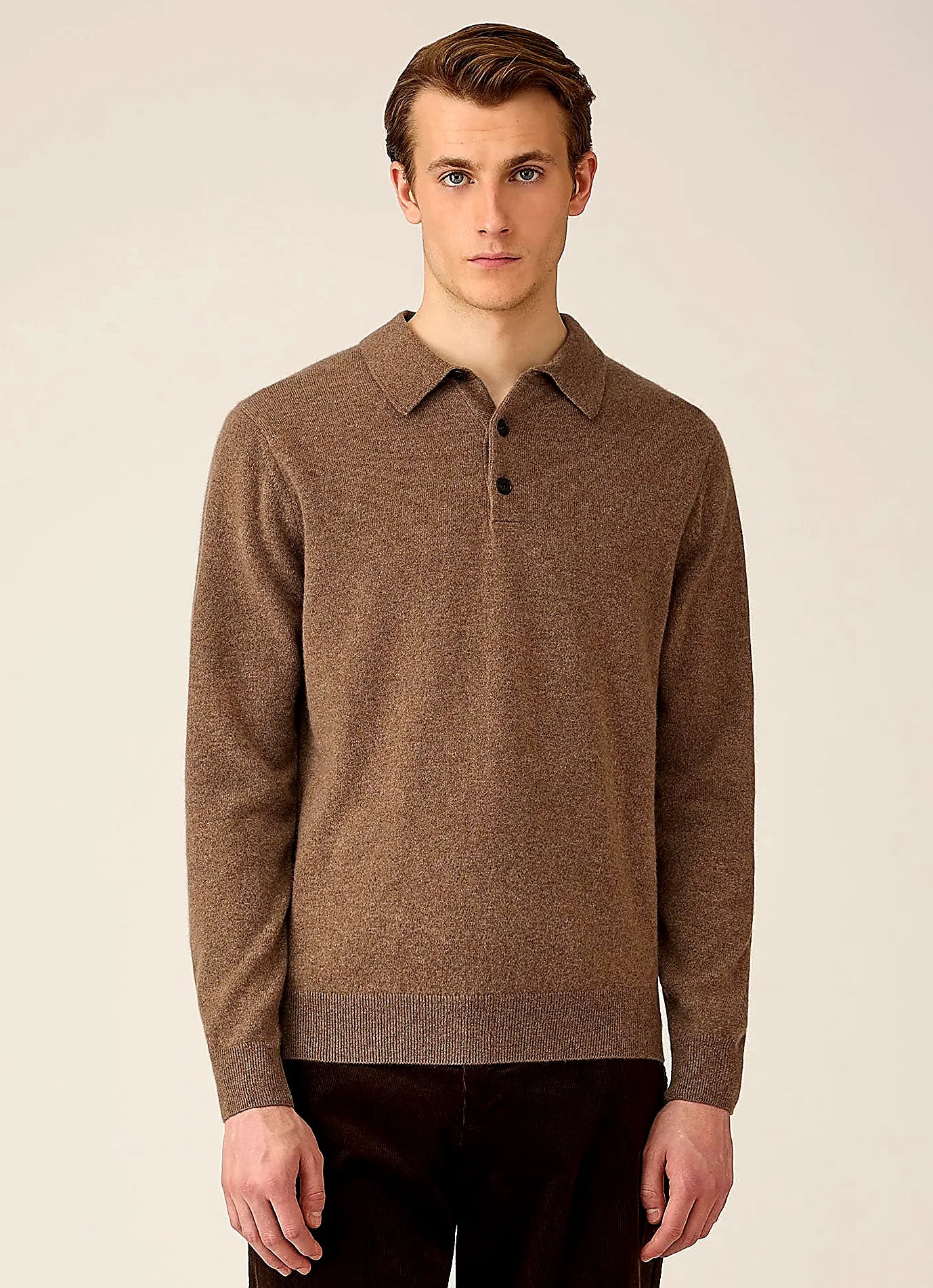 Taupe cashmere knitted polo shirt for men