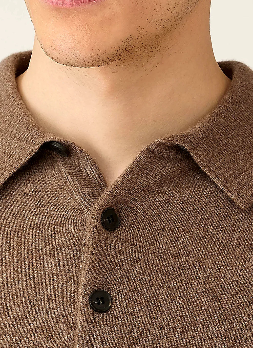 Taupe knitted polo shirt for men, cashmere