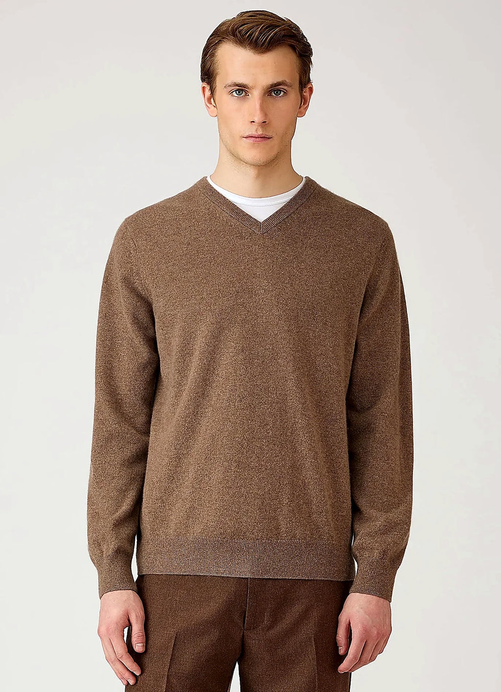 Taupe cashmere V-neck jumper for men