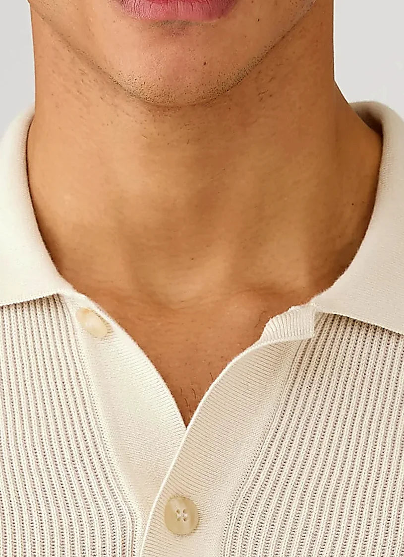 Ecru rib polo shirt for men, two-tone cotton rib