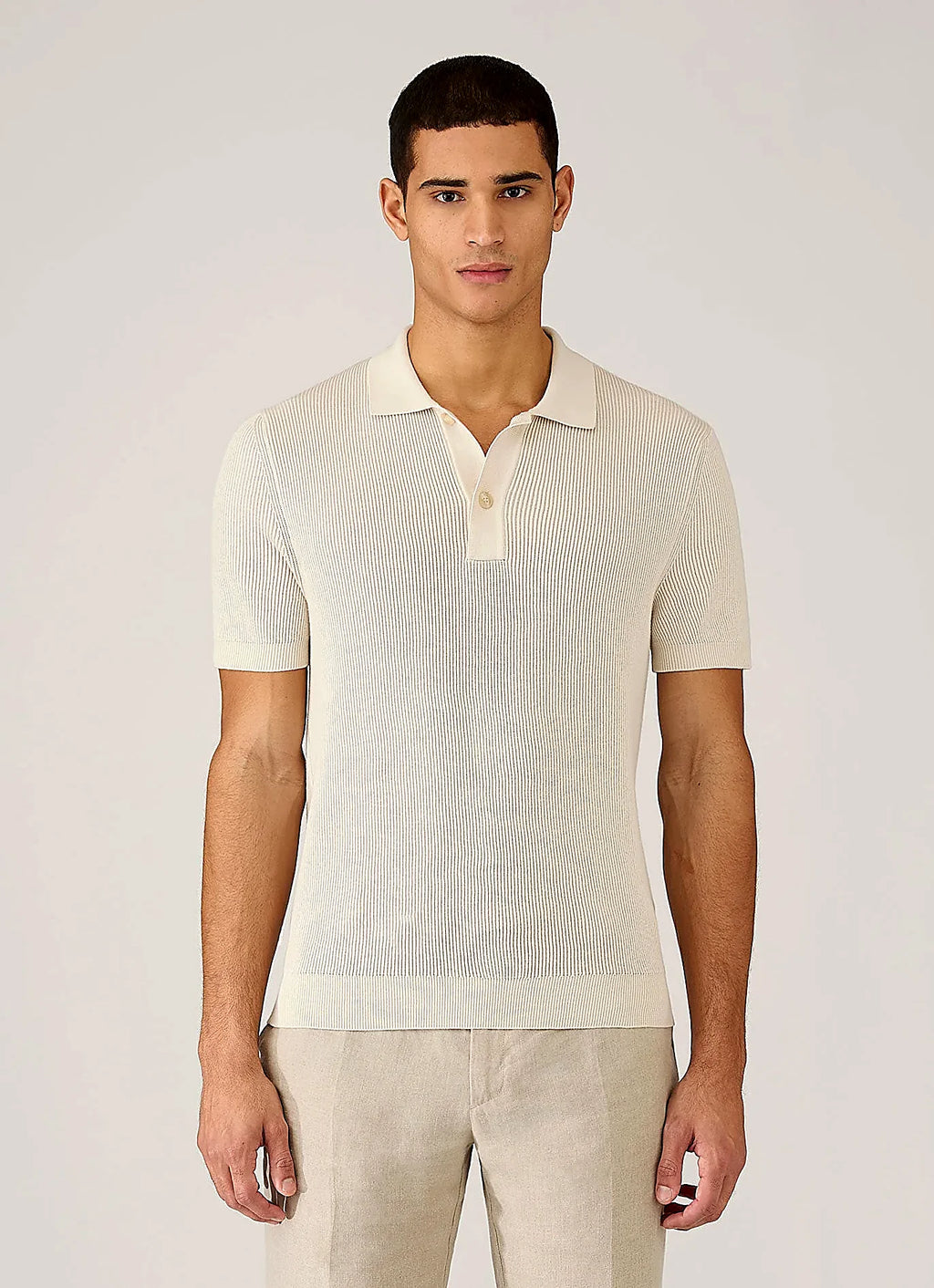 Ecru two-tone cotton rib rib polo shirt for men