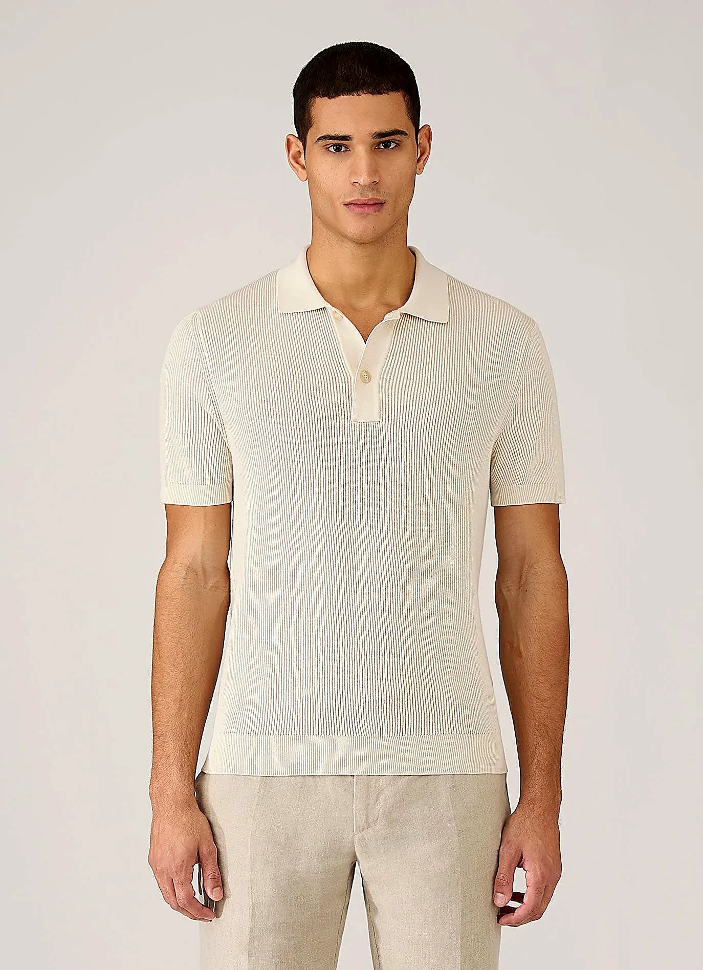 Ecru two-tone cotton rib rib polo shirt for men