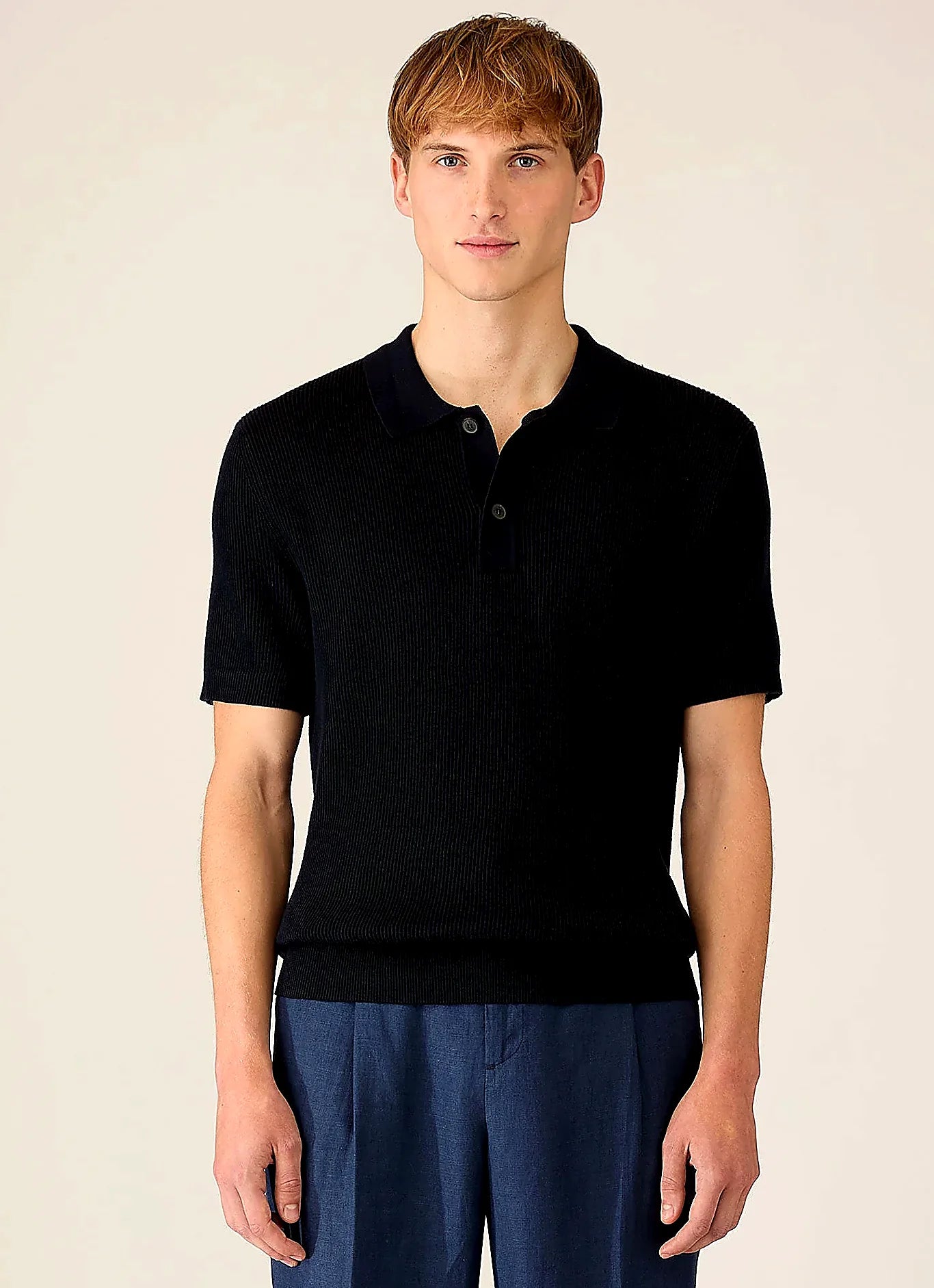 Navy two-tone cotton rib rib polo shirt for men