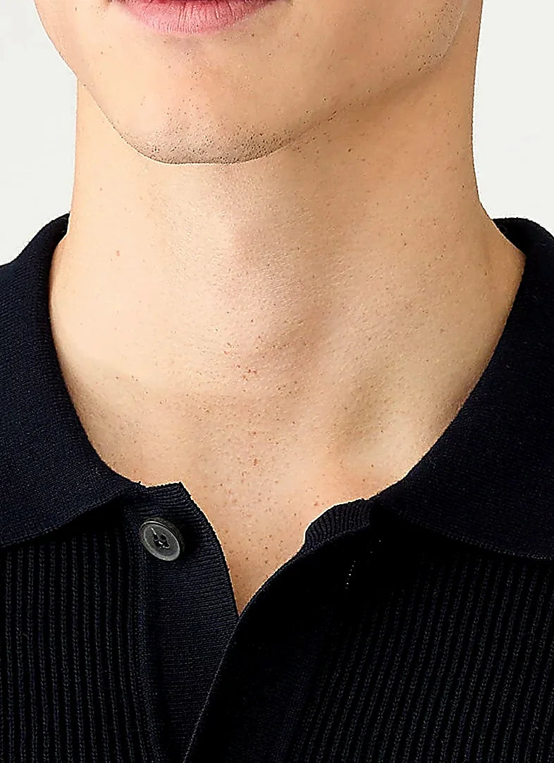 Navy rib polo shirt for men, two-tone cotton rib