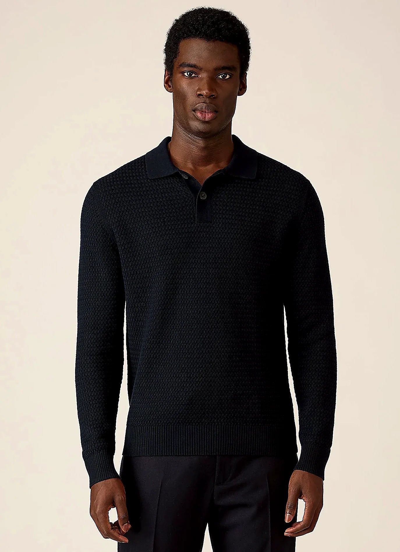 Navy basketweave cotton polo shirt for men