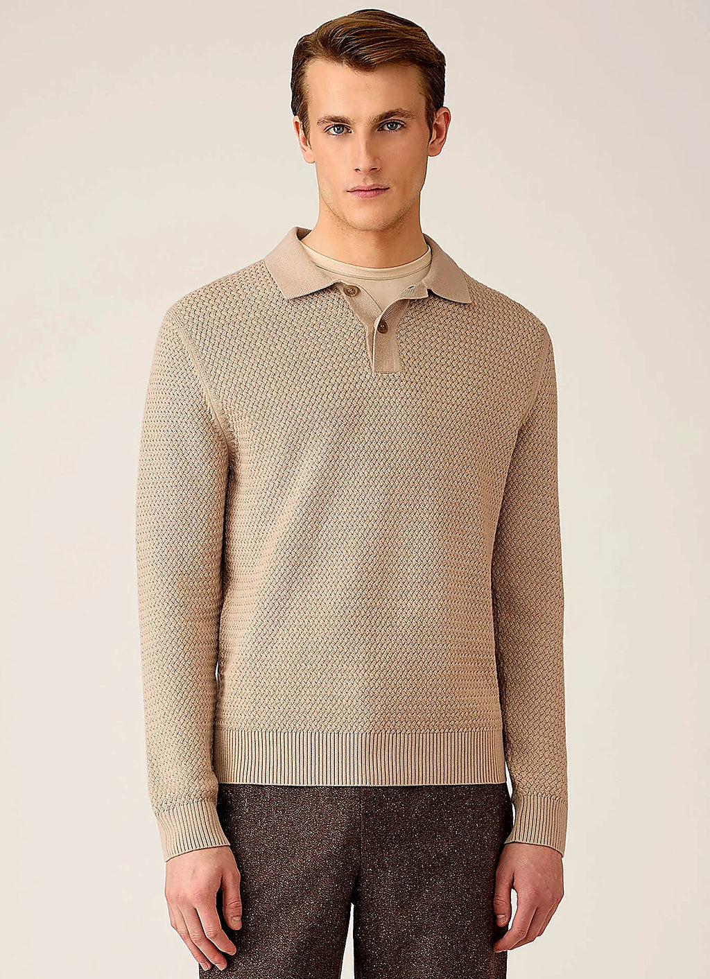 Stone basketweave cotton polo shirt for men
