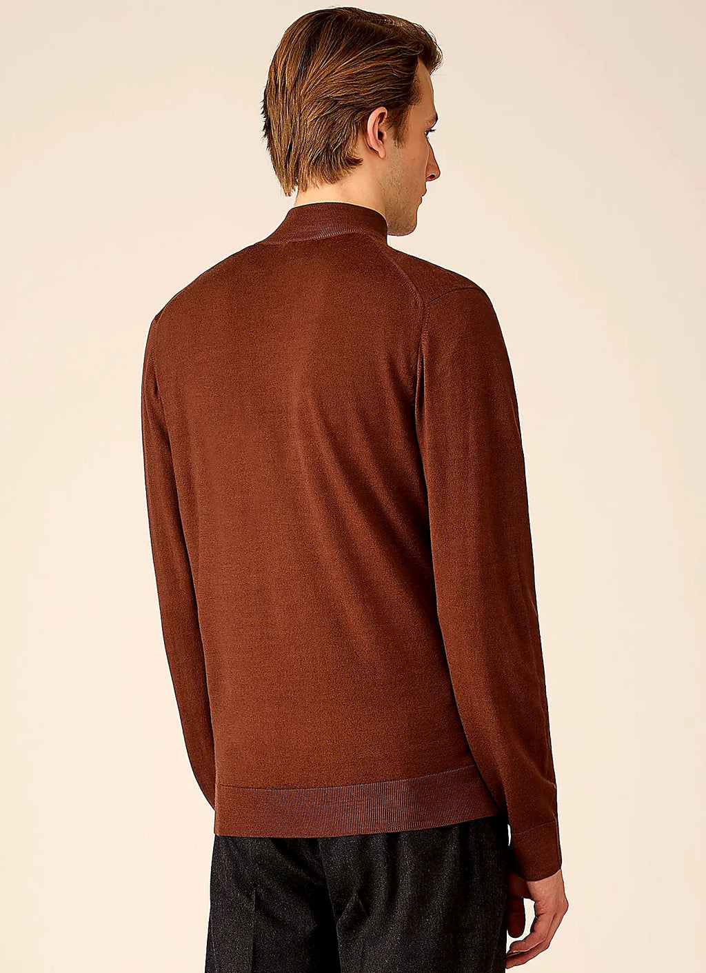 Men's extra-fine merino half zip jumper in Chestnut