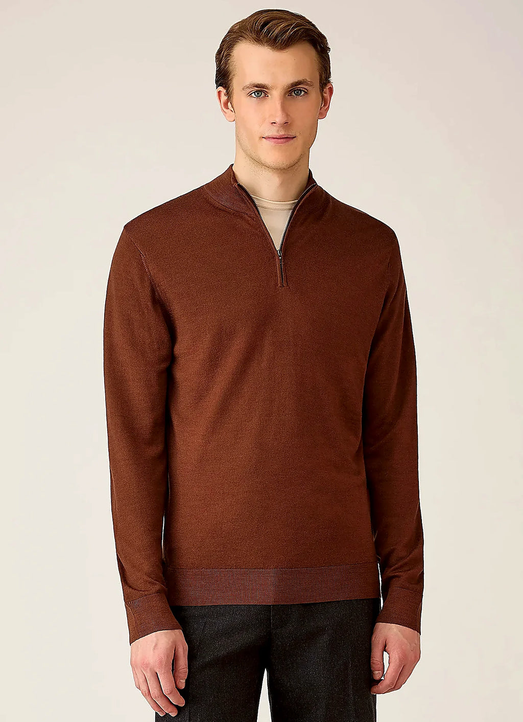 Chestnut extra-fine merino half zip jumper for men