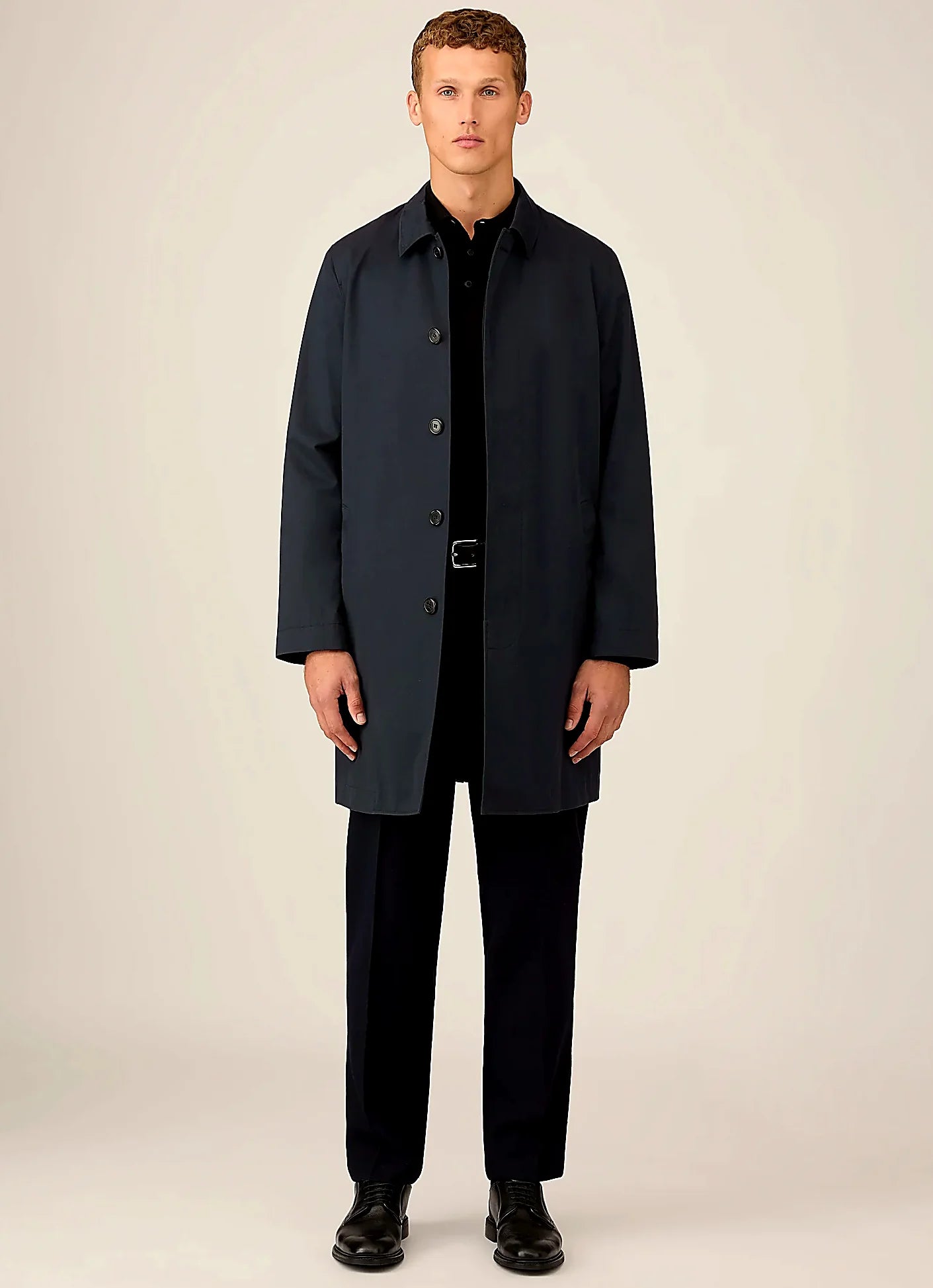 Navy mac in showerproof cotton, everyday wear
