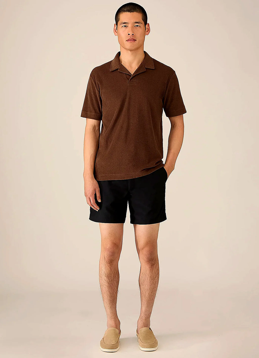 Dark Walnut towelling polo shirt in cotton towelling, everyday wear