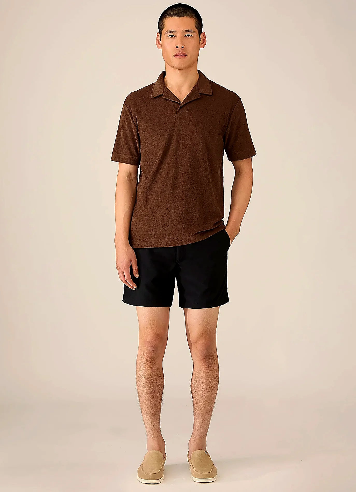 Dark Walnut towelling polo shirt in cotton towelling, everyday wear