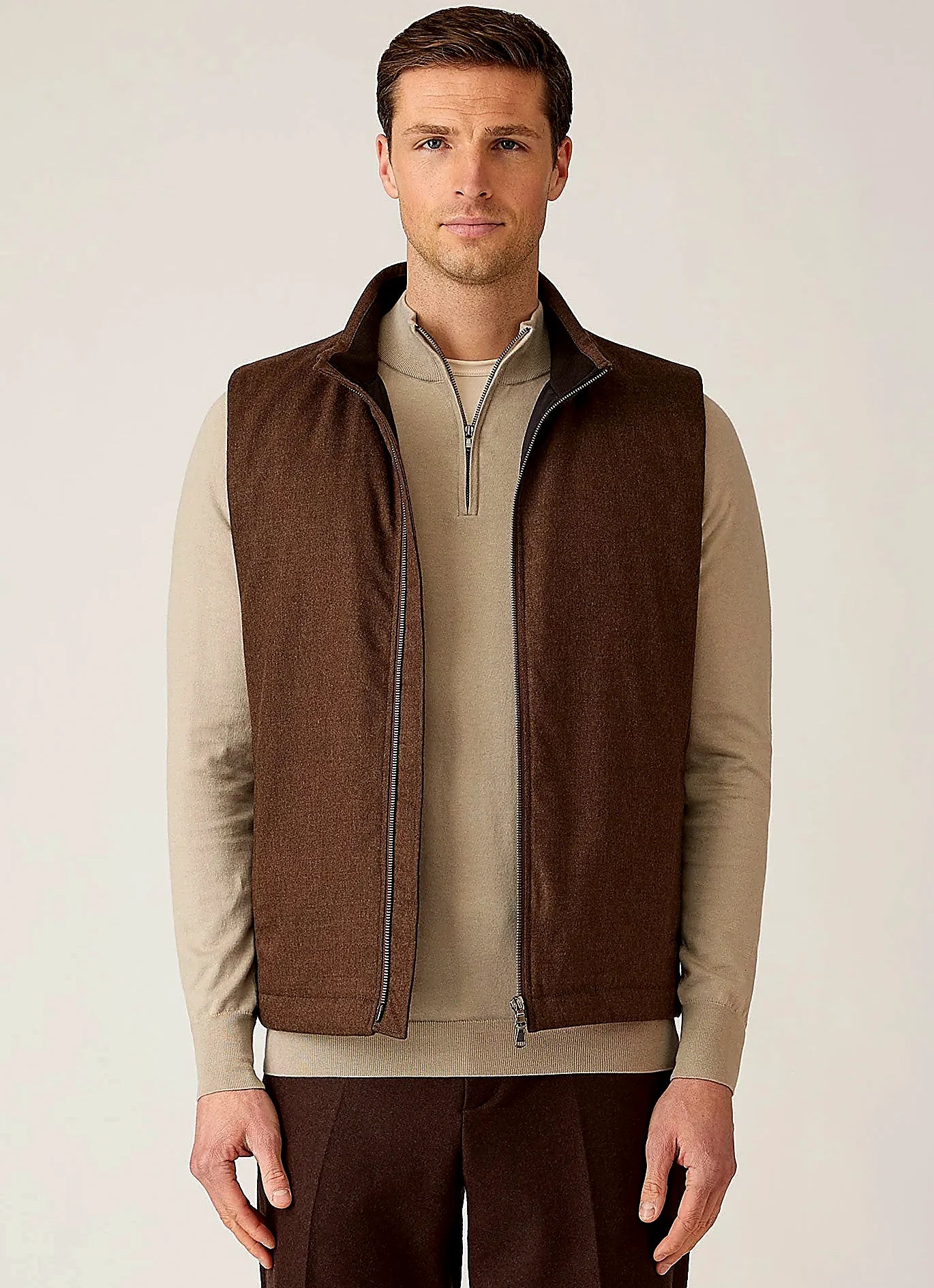 Light Brown wool cashmere flannel gilet for men